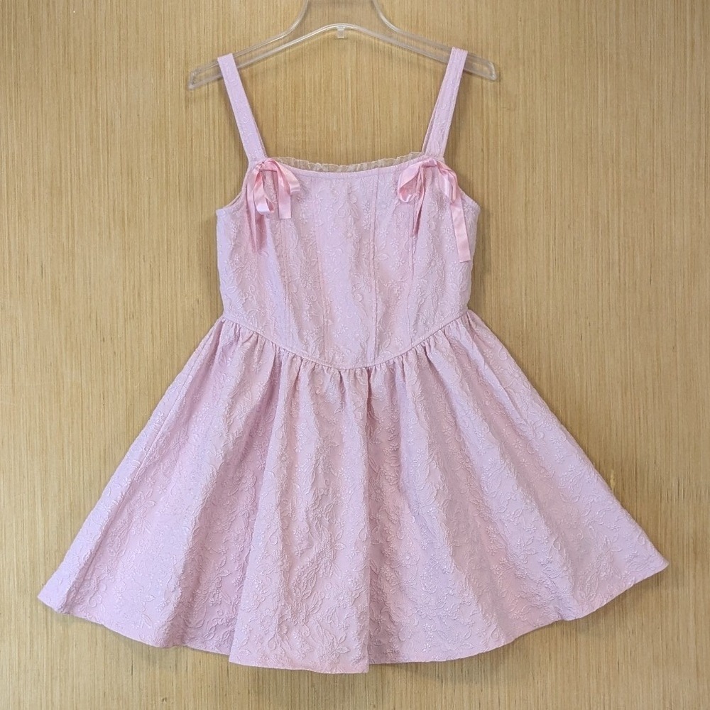 Trixxi Coquette Ballet Feminine Pink Floral Fit & Flare Dress Ribbon Bows Medium